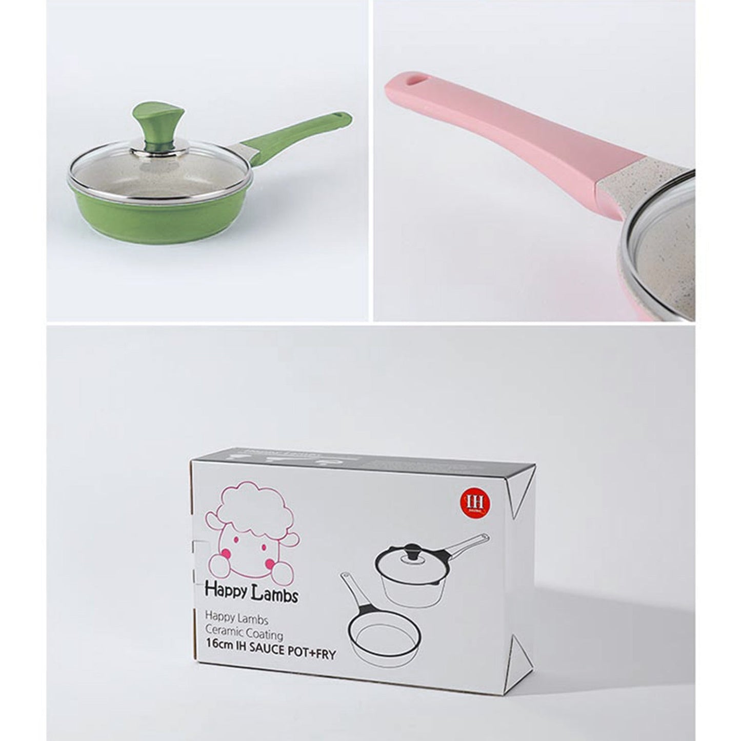 Happy Lambs 16cm Olive Sauce Pot Frying Pan w/ a Lid Set Non-Stick Stone Induction IH Frypan | Auzzi Store