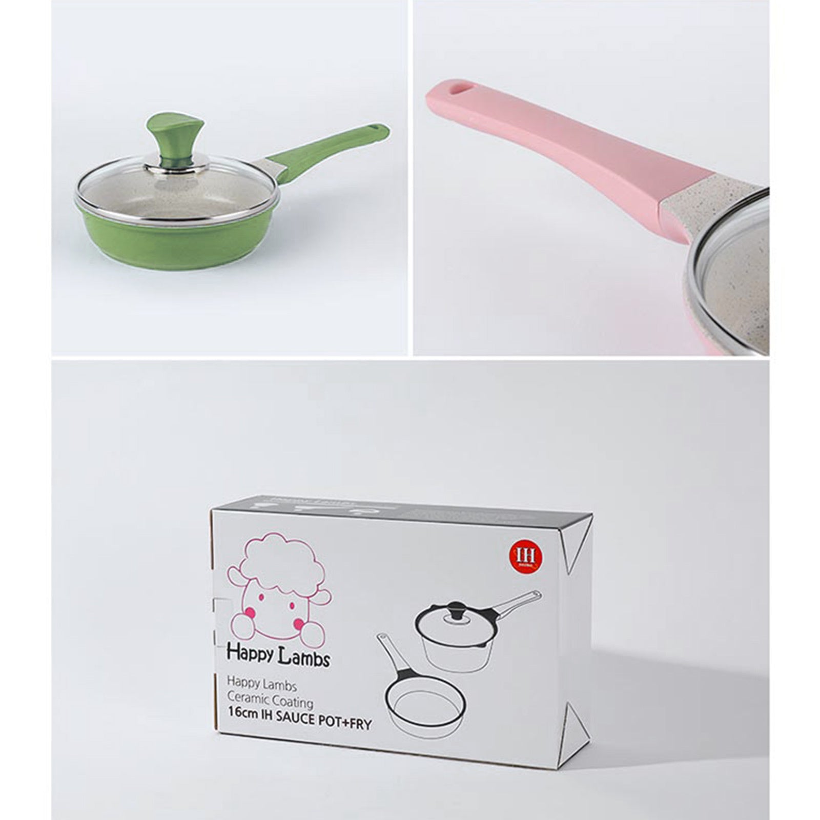 Happy Lambs 16cm Olive Sauce Pot Frying Pan w/ a Lid Set Non-Stick Stone Induction IH Frypan | Auzzi Store