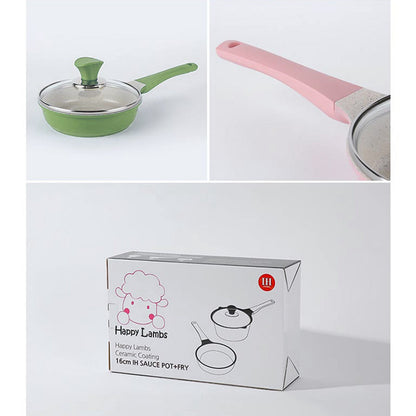Happy Lambs 16cm Olive Sauce Pot Frying Pan w/ a Lid Set Non-Stick Stone Induction IH Frypan | Auzzi Store