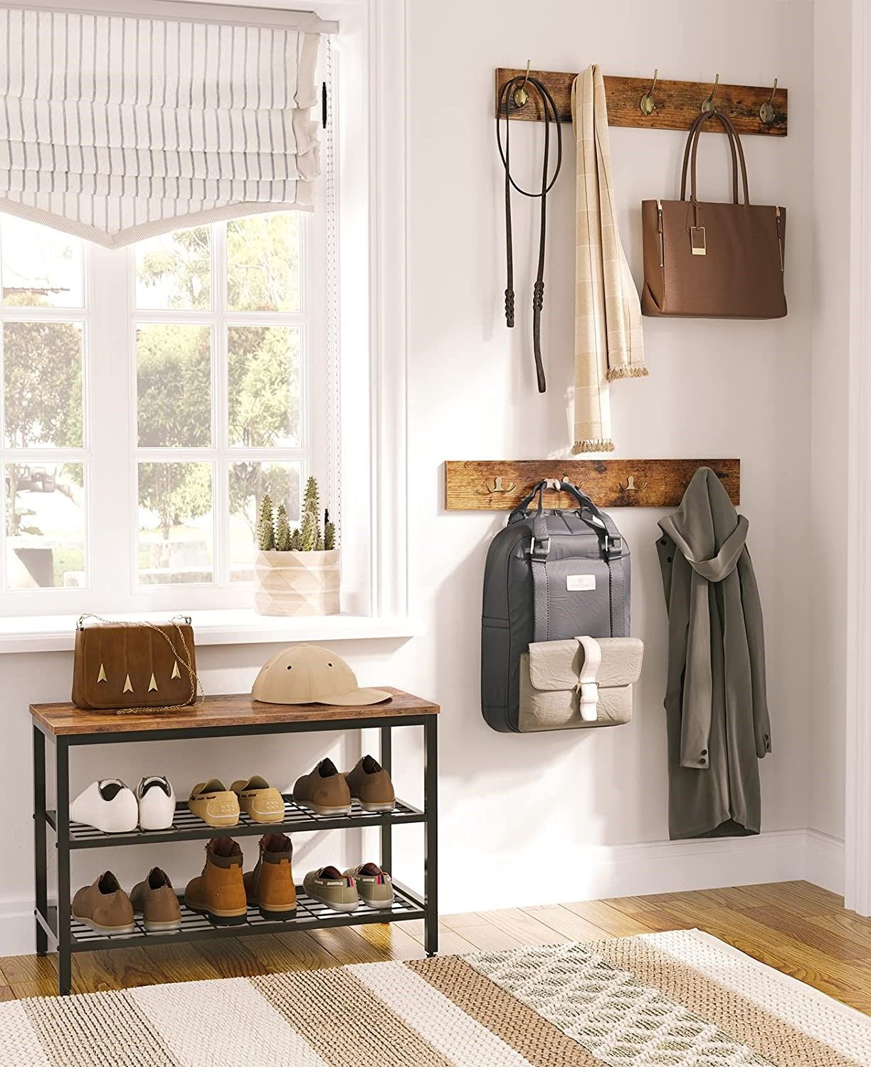 Industrial Design Entryway Shoe Rack with Coat Hooks Organizer (Brown) | Auzzi Store