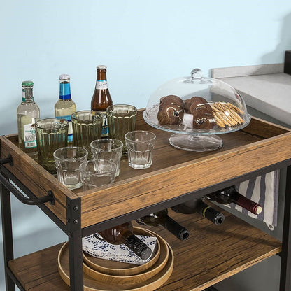 Industrial Vintage Style Wood Metal 3 Tiers Kitchen Serving Trolley with Wine Rack (Brown) | Auzzi Store