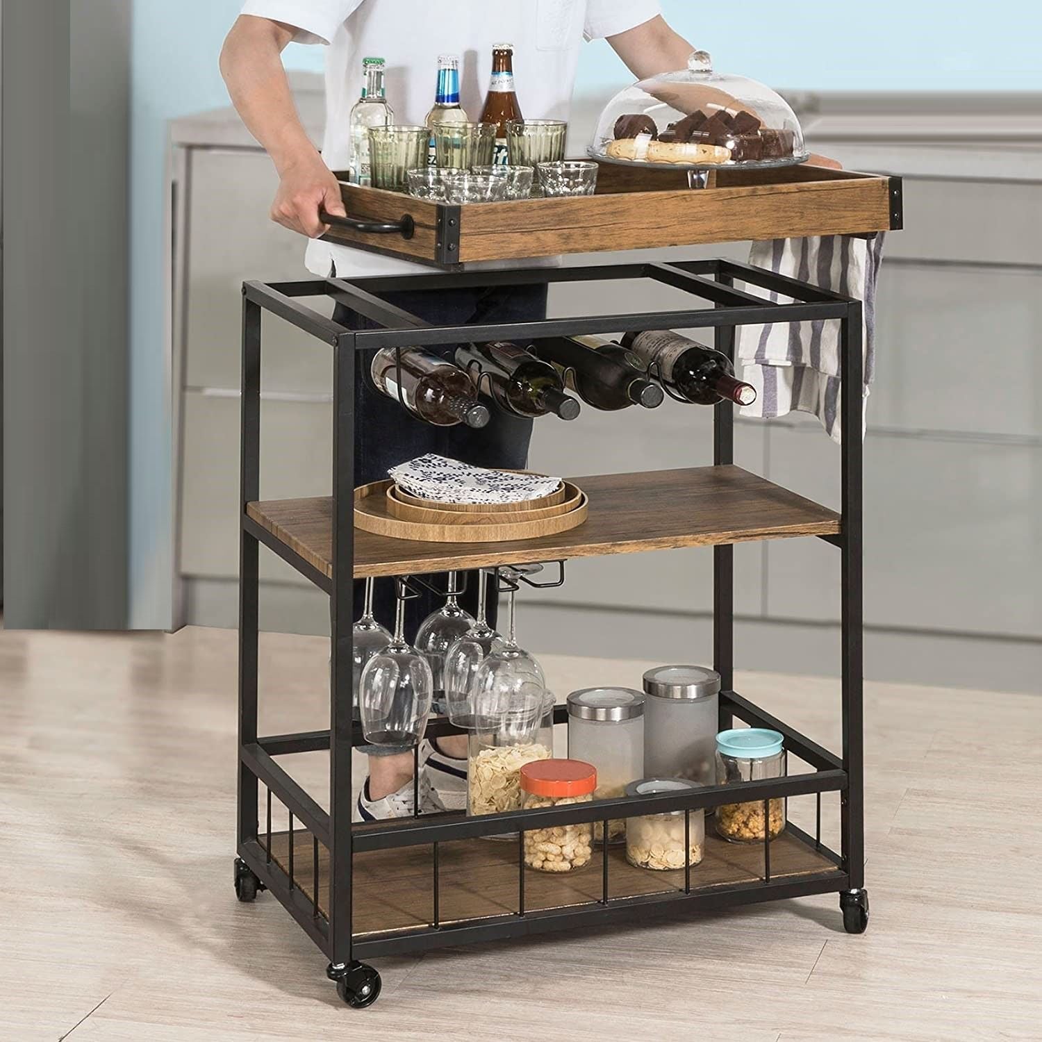 Industrial Vintage Style Wood Metal 3 Tiers Kitchen Serving Trolley with Wine Rack (Brown) | Auzzi Store