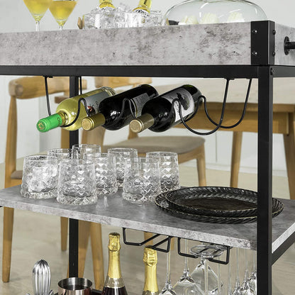 Industrial Vintage Style Wood Metal 3 Tiers Kitchen Serving Trolley with Wine Rack (Grey) | Auzzi Store