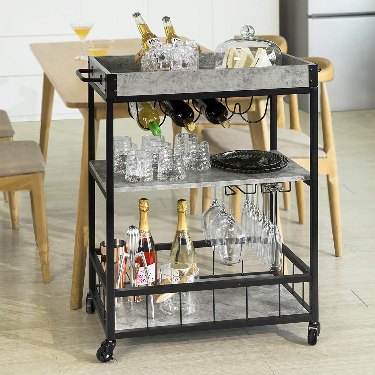 Industrial Vintage Style Wood Metal 3 Tiers Kitchen Serving Trolley with Wine Rack (Grey) | Auzzi Store