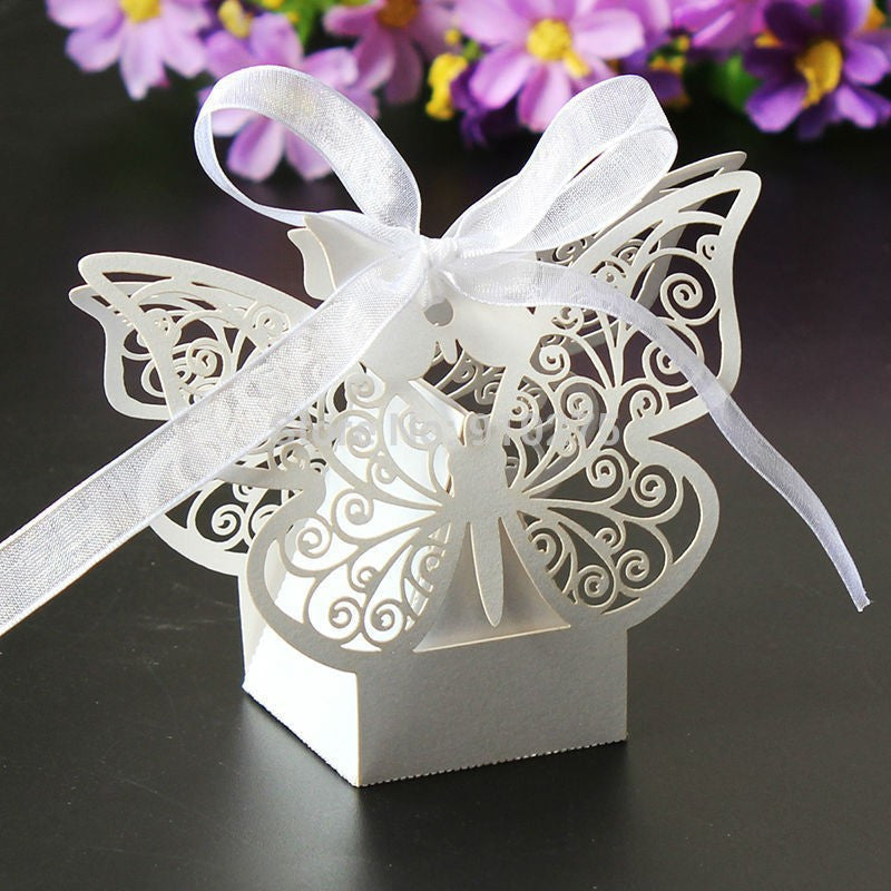 Ivory Cream Butterfly Wedding Engagement Party Bomboniere Favour Lolly Gift Almond Card Box - 10 Pack | Auzzi Store