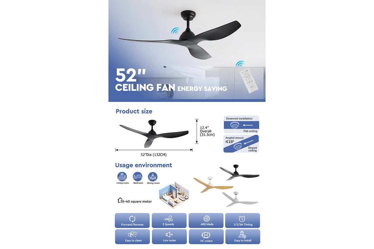Kogan 132cm DC Motor Ceiling Fan with Remote (Black)