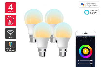 Kogan SmarterHome™ 10W Colour & Warm/Cool White Smart LED Bulb (B22, Wi-Fi) - 4 Pack