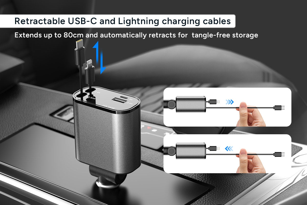 Kogan 4-in-1 30W PD Car Charger with Retractable USB-C & Lightning Cords