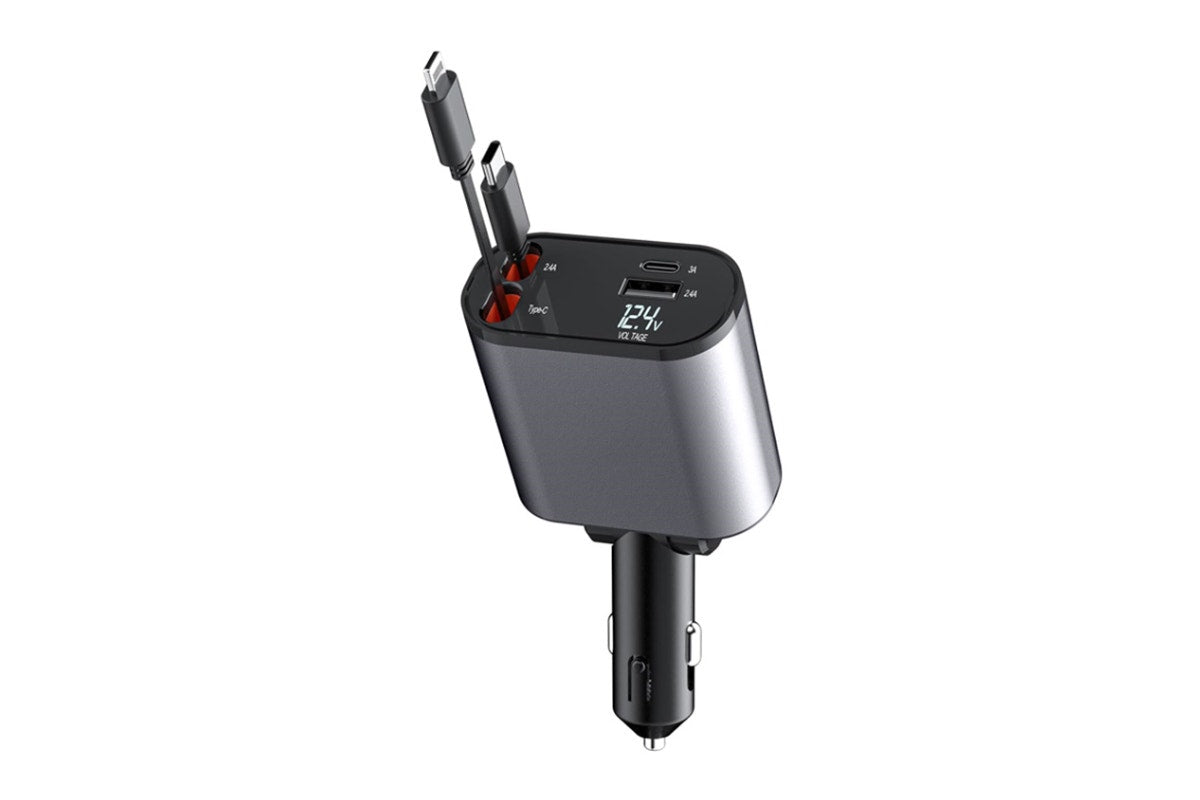 Kogan 4-in-1 30W PD Car Charger with Retractable USB-C & Lightning Cords