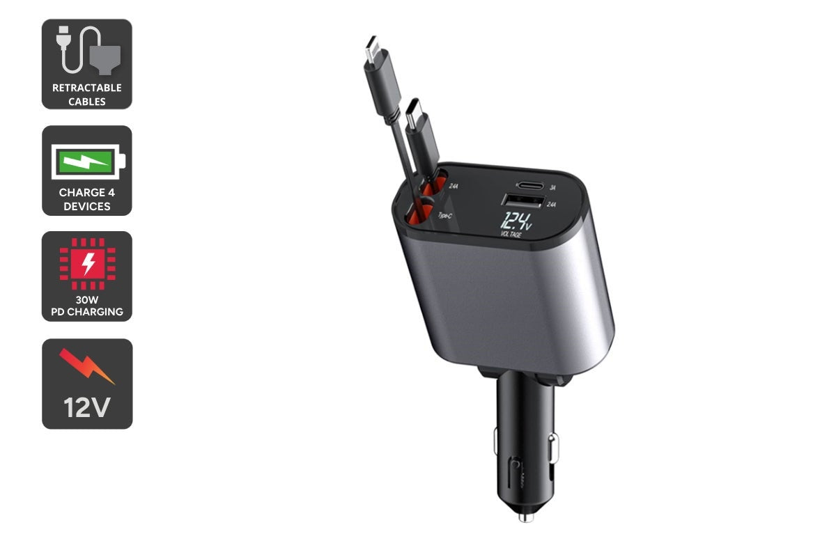 Kogan 4-in-1 30W PD Car Charger with Retractable USB-C & Lightning Cords