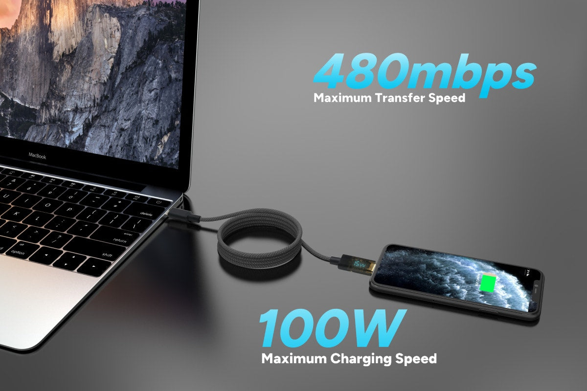 Kogan 100W PD Woven USB-C Charge Cable with Power Display  - 2m)