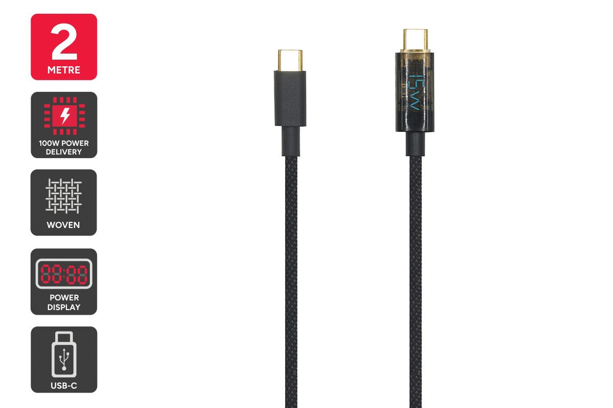 Kogan 100W PD Woven USB-C Charge Cable with Power Display  - 2m)