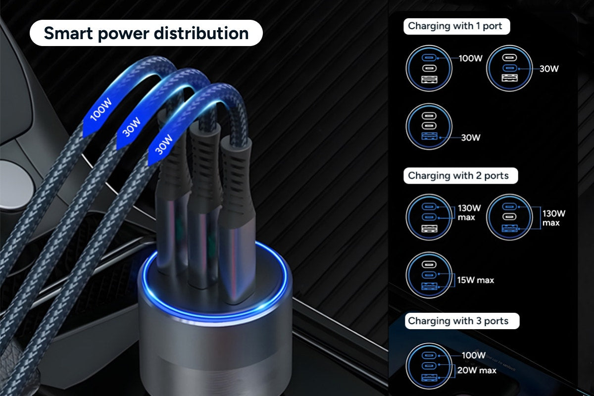 Kogan 130W PD USB-A and USB-C Car Charger with 100W Charging Cable