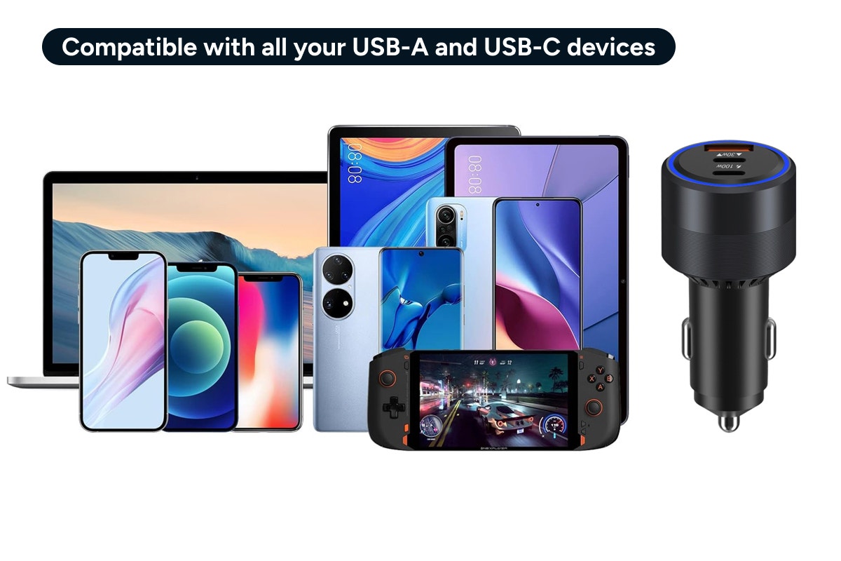 Kogan 130W PD USB-A and USB-C Car Charger with 100W Charging Cable