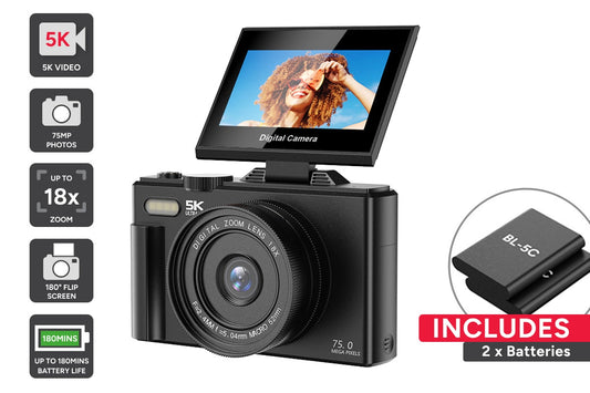 Kogan 5K 75MP Digital Vlogging Camera with Flip Screen (Dual Battery Bundle)