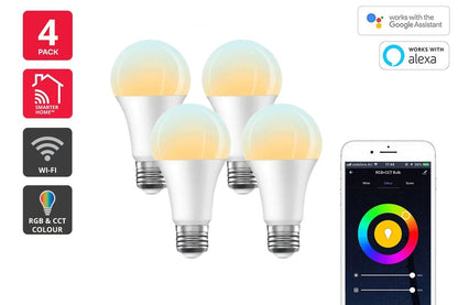 Kogan SmarterHome™ 10W Colour & Warm/Cool White Smart LED Bulb (E27, Wi-Fi) - 4 Pack