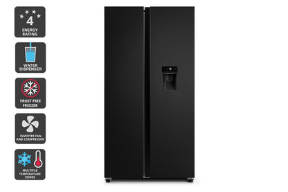 Kogan 592L Side by Side Fridge with Water Dispenser  - Black Stainless Steel)