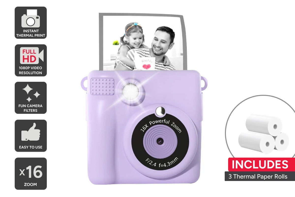 Kogan Kids Digital Instant Print Camera 1080p with 3 Rolls - Purple