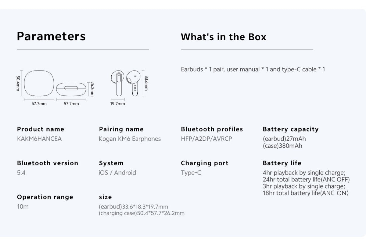 Kogan KM6 Hybrid Active Noise Cancelling Wireless Earphones