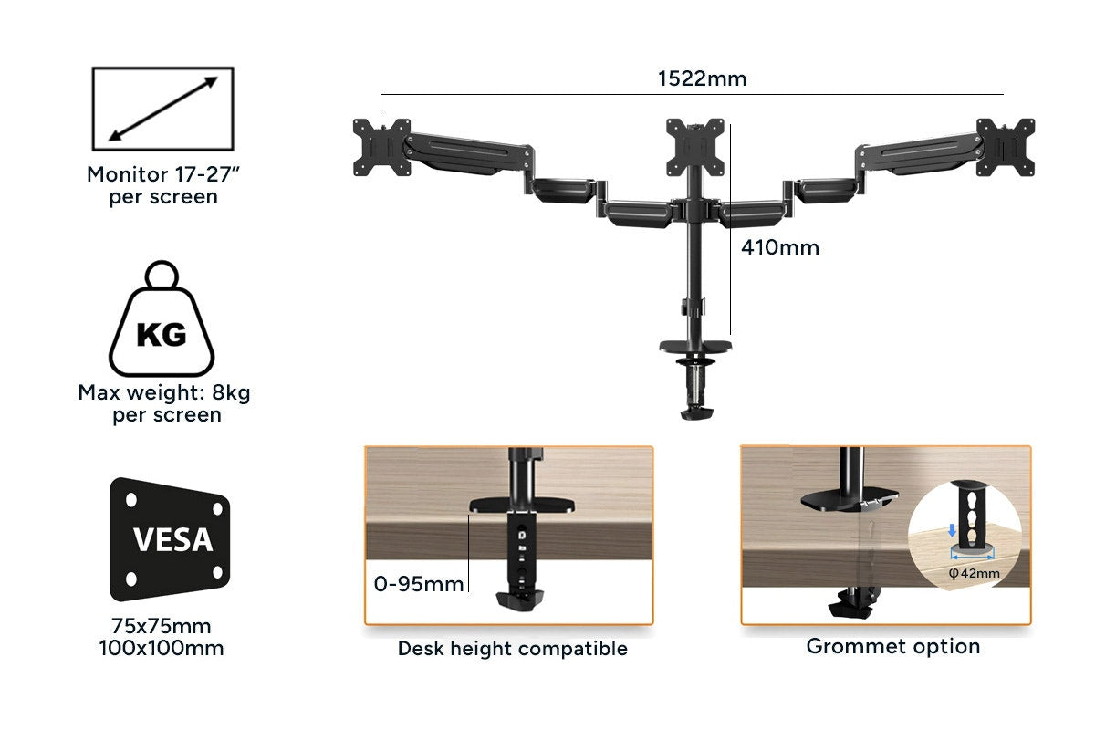 Kogan Full Motion Gas Spring Triple Monitor Arm for 17" - 27" Monitors