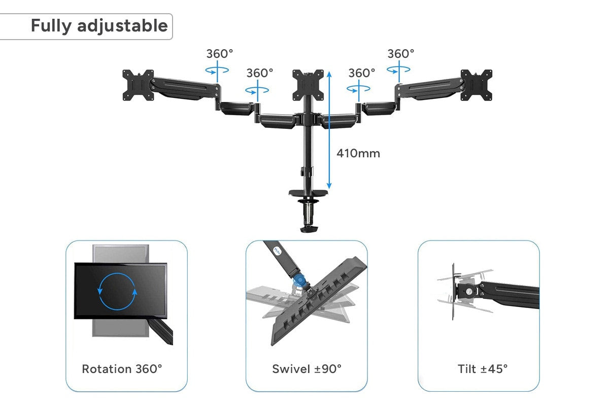 Kogan Full Motion Gas Spring Triple Monitor Arm for 17" - 27" Monitors