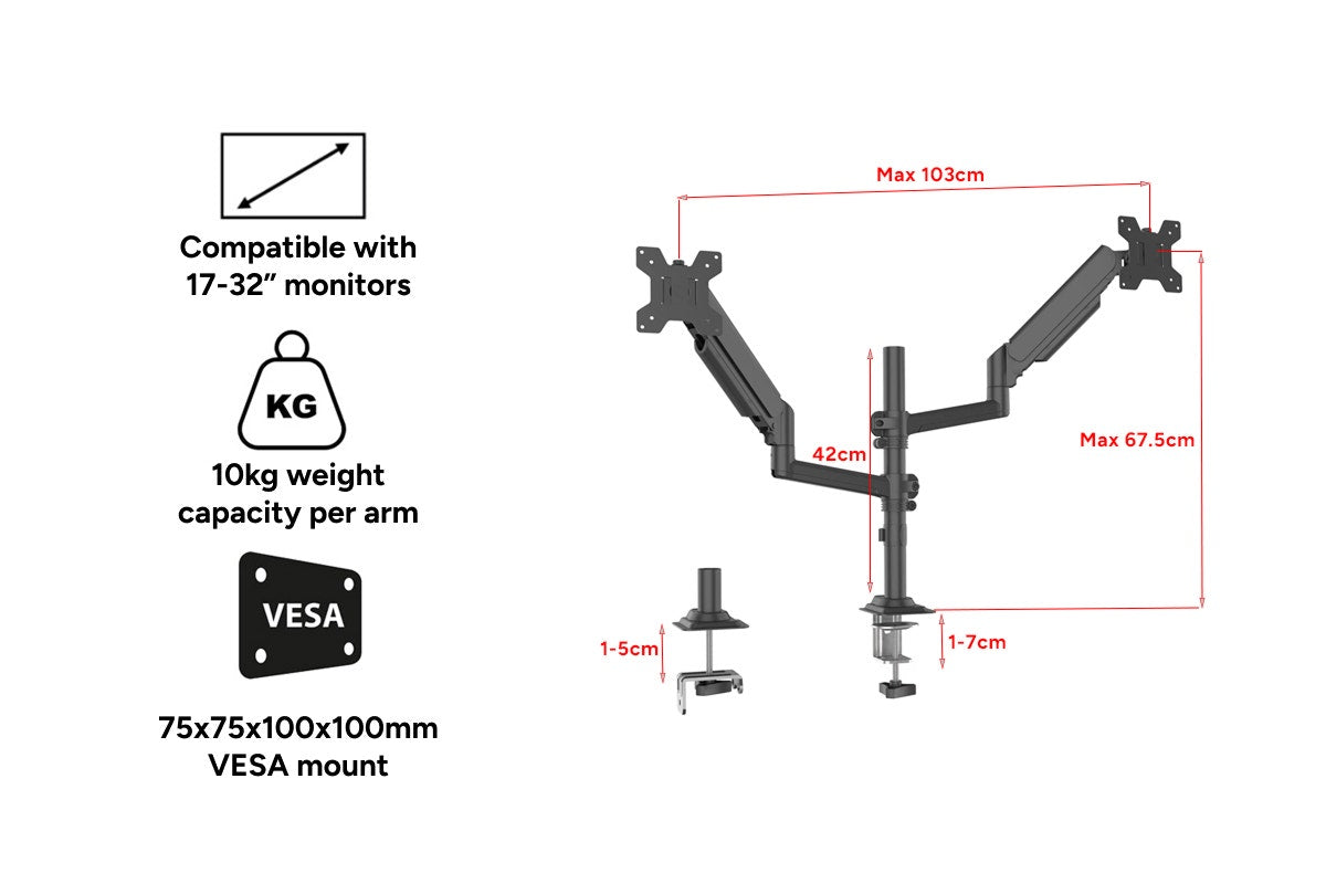 Kogan Full Motion Gas Spring Dual Stacking Monitor Arm for 17"- 32" Monitors