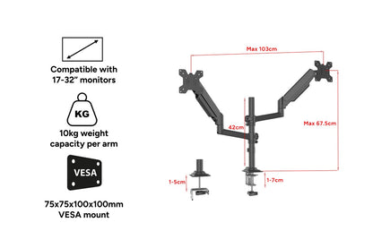 Kogan Full Motion Gas Spring Dual Stacking Monitor Arm for 17"- 32" Monitors