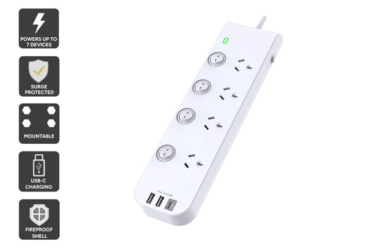 Kogan 4-Way Surge Protect Power Board with 2 USB-A & 1 USB-C Ports