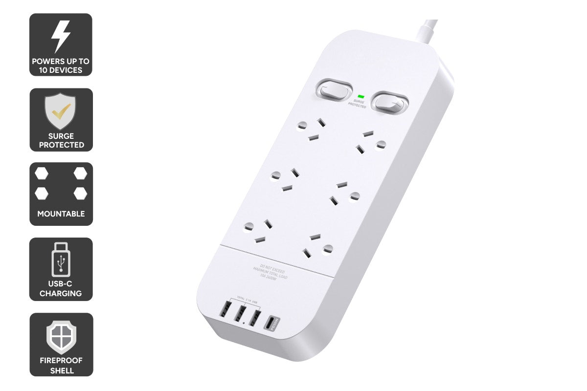 Kogan 6 Outlet Surge Protect Power Board with 3 USB-A & 30W PD USB-C Ports