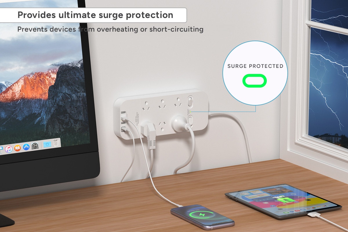 Kogan 6 Outlet Surge Protect Power Board with 3 USB-A & 30W PD USB-C Ports