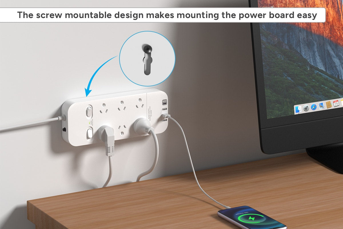 Kogan 6 Outlet Surge Protect Power Board with 3 USB-A & 30W PD USB-C Ports