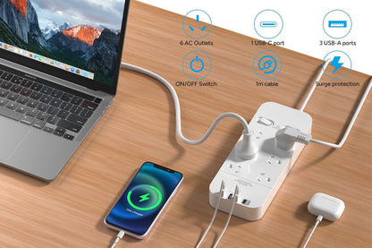 Kogan 6 Outlet Surge Protect Power Board with 3 USB-A & 30W PD USB-C Ports