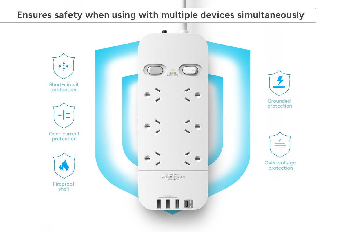 Kogan 6 Outlet Surge Protect Power Board with 3 USB-A & 30W PD USB-C Ports