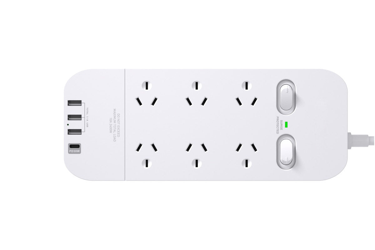 Kogan 6 Outlet Surge Protect Power Board with 3 USB-A & 30W PD USB-C Ports