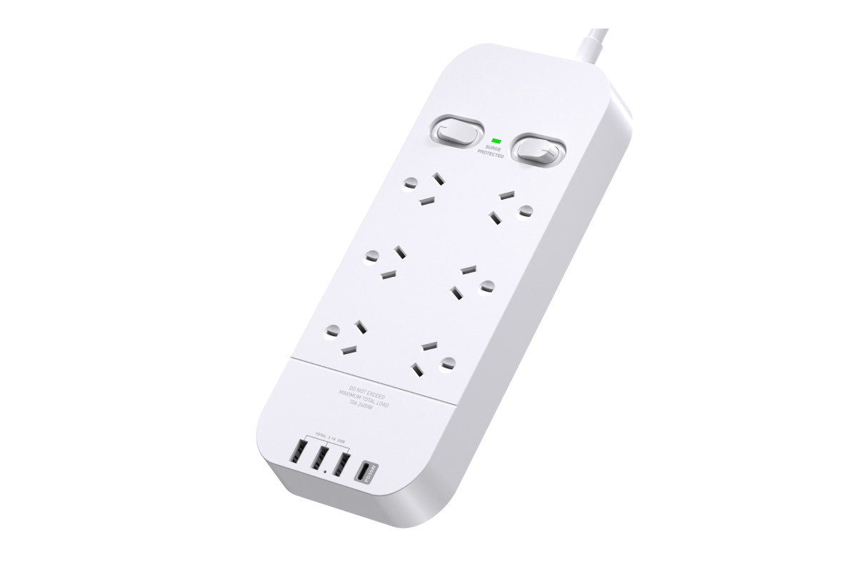 Kogan 6 Outlet Surge Protect Power Board with 3 USB-A & 30W PD USB-C Ports