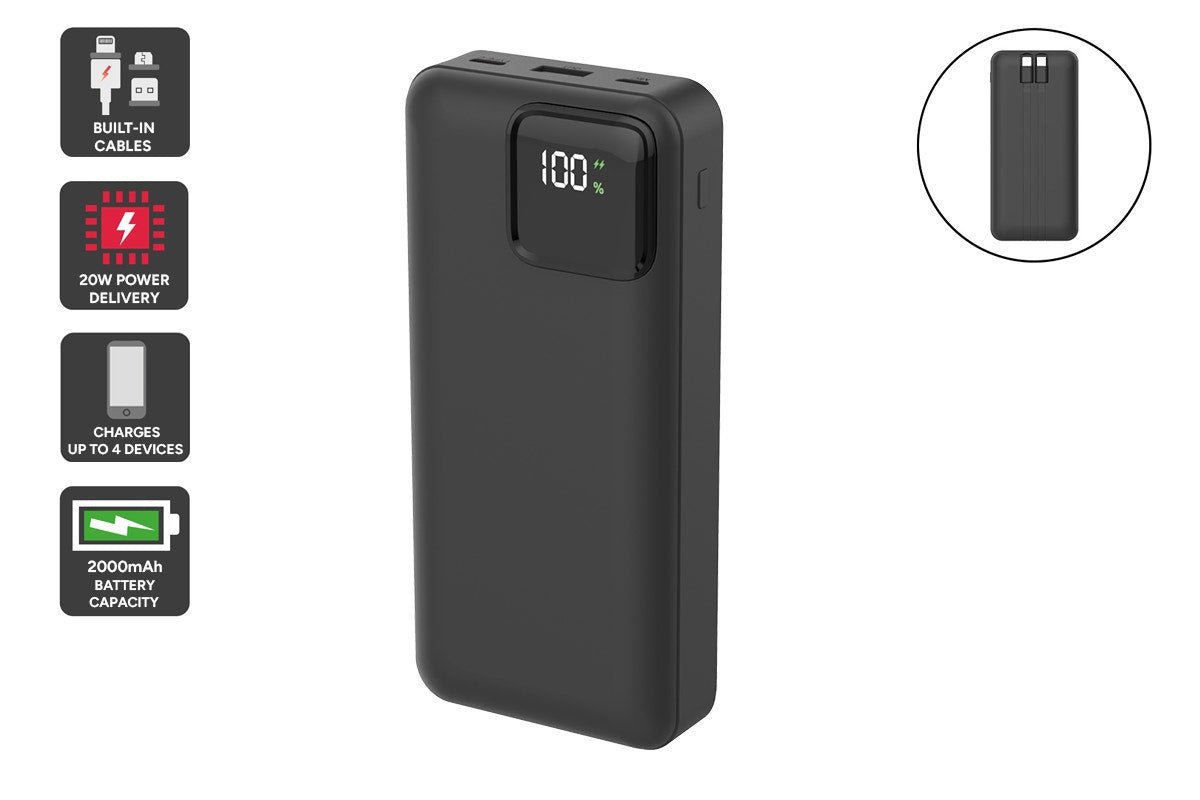 Kogan 20000mAh 20W PD Power Bank with Built-in USB-C & Lightning Cable