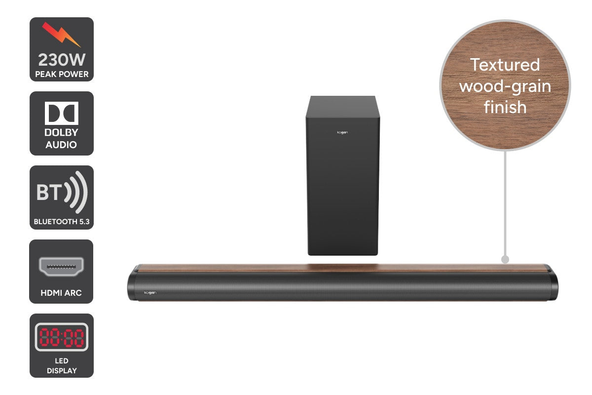 Kogan 3.1 Channel 230W Dolby Soundbar with Wireless Subwoofer (Wood-Grain Finish) - Auzzistore