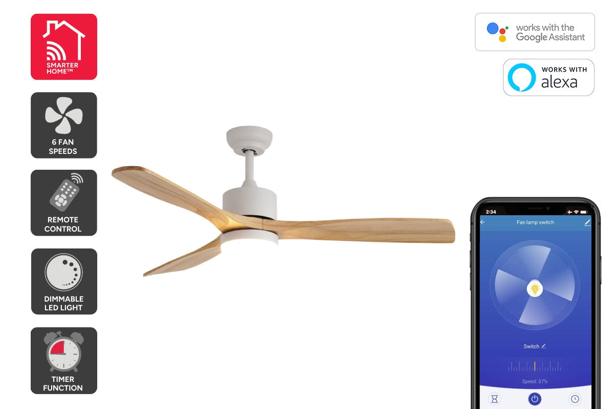 Kogan SmarterHomeâ„¢ 132cm DC Motor Ceiling Fan with LED Light (White & Natural)