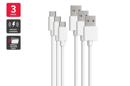1m USB-A to USB-C Cable (White, 3 Pack)