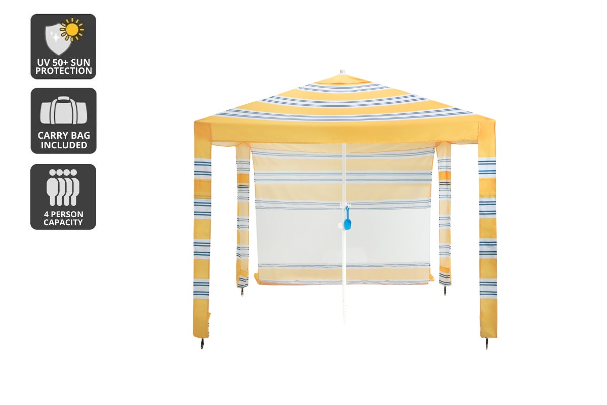 Komodo Beach Cabana Shelter UV50 with Side Wall (Yellow Stripe, 2x2m)