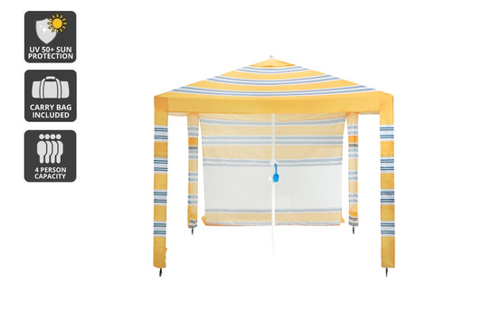 Komodo Beach Cabana Shelter UV50 with Side Wall (Yellow Stripe, 2x2m)