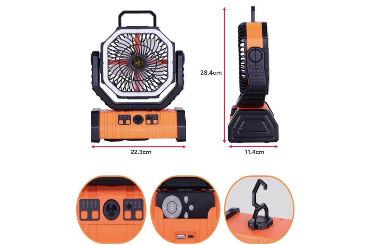 Komodo Cordless Rechargeable Fan with Light and Power Bank