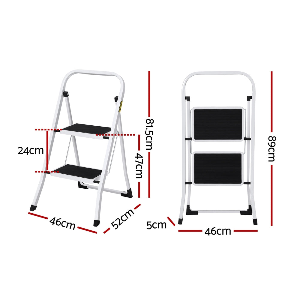 Giantz 2 Step Ladder, Folding Steel, 150kg Capacity, Non-Slip, Lightweight, Indoor/Outdoor