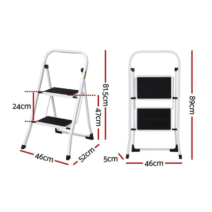 Giantz 2 Step Ladder, Folding Steel, 150kg Capacity, Non-Slip, Lightweight, Indoor/Outdoor