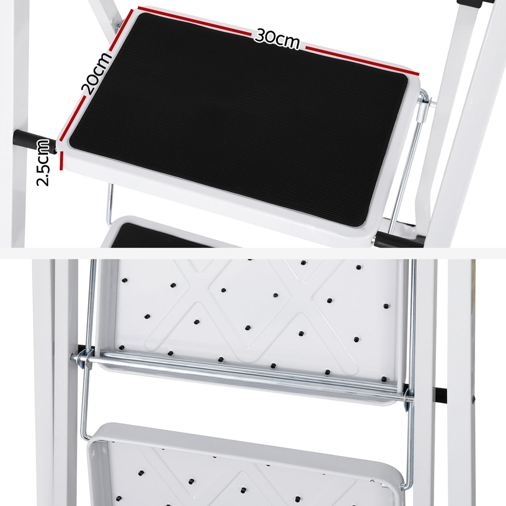 Giantz 2 Step Ladder, Folding Steel, 150kg Capacity, Non-Slip, Lightweight, Indoor/Outdoor
