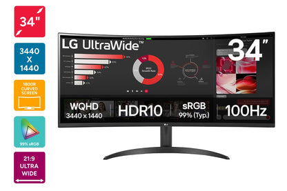 LG 34" Curved UltraWide WQHD 100Hz Monitor (34WR50QK)