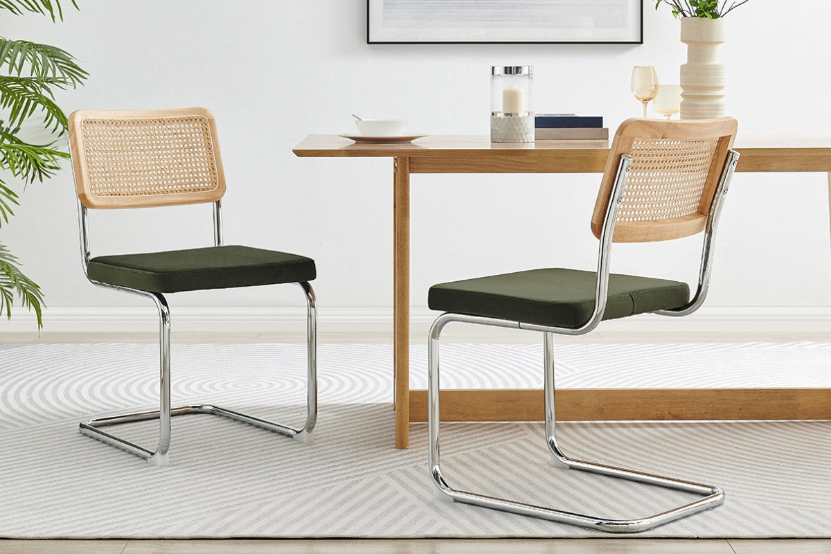 Set of 2 Matt Blatt Marcel Breuer Cesca Dining Chairs Replica (Rattan/Green Velvet)