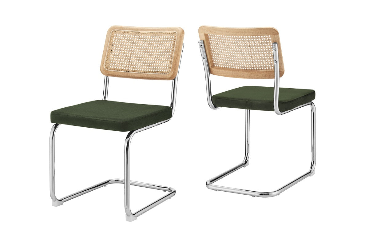 Set of 2 Matt Blatt Marcel Breuer Cesca Dining Chairs Replica (Rattan/Green Velvet)