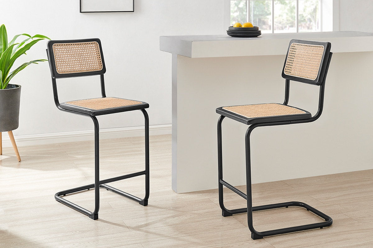 Matt Blatt Set of 2 Marcel Breuer Cesca Chair Counter Stool Replica (Black/Rattan)