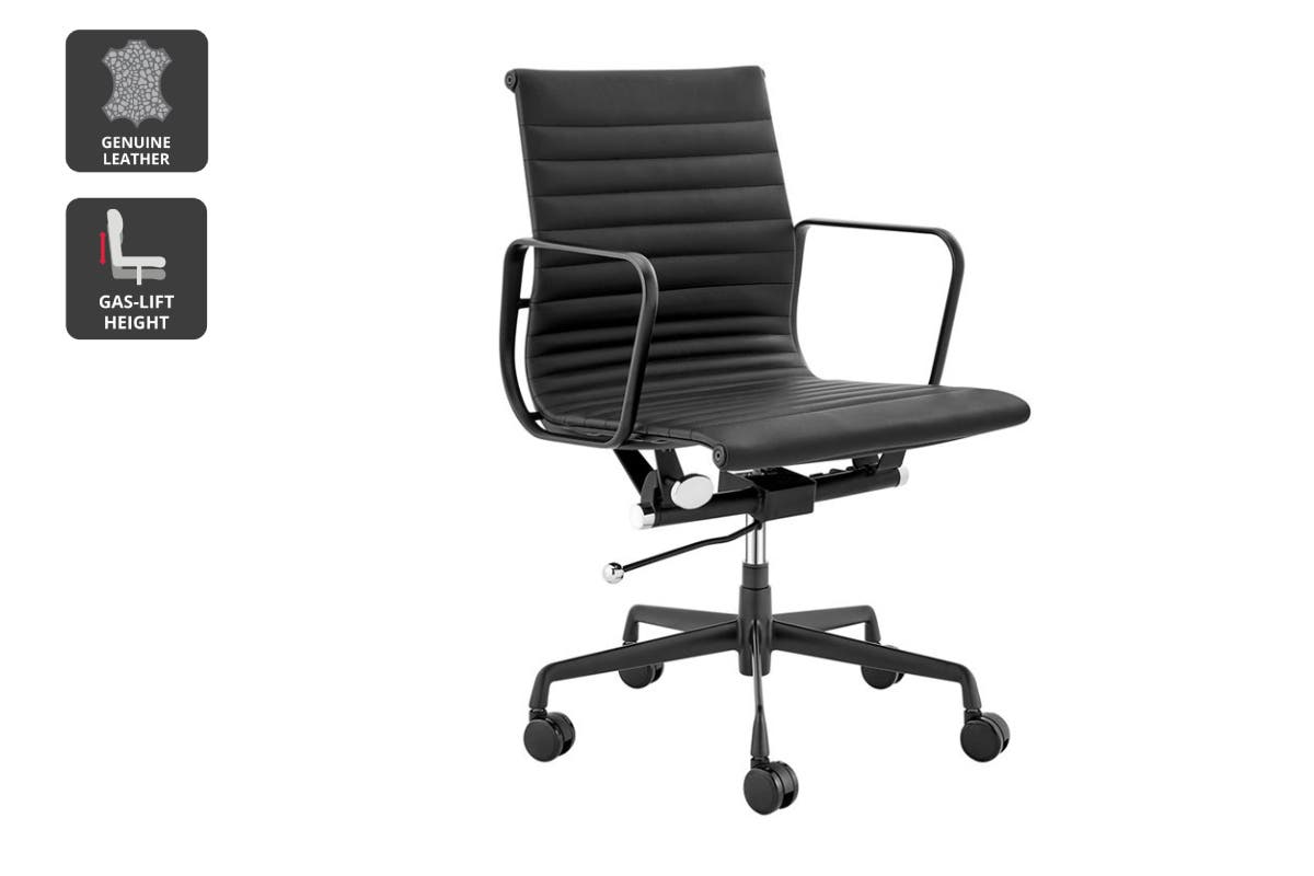 Matt Blatt Eames Group Standard Matte Black Aluminium Low Back Office Chair Replica (Black Leather)